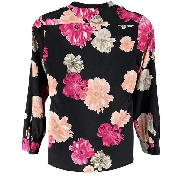Calvin Klein Women L Black Pink Floral Button-Up Blouse Long Roll Tab Sleeve Top - Picture 2 of 16